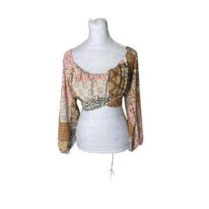 Altar'd State Pink Brown Patchwork Boho Crop Top Small Long Sleeve Tie Front